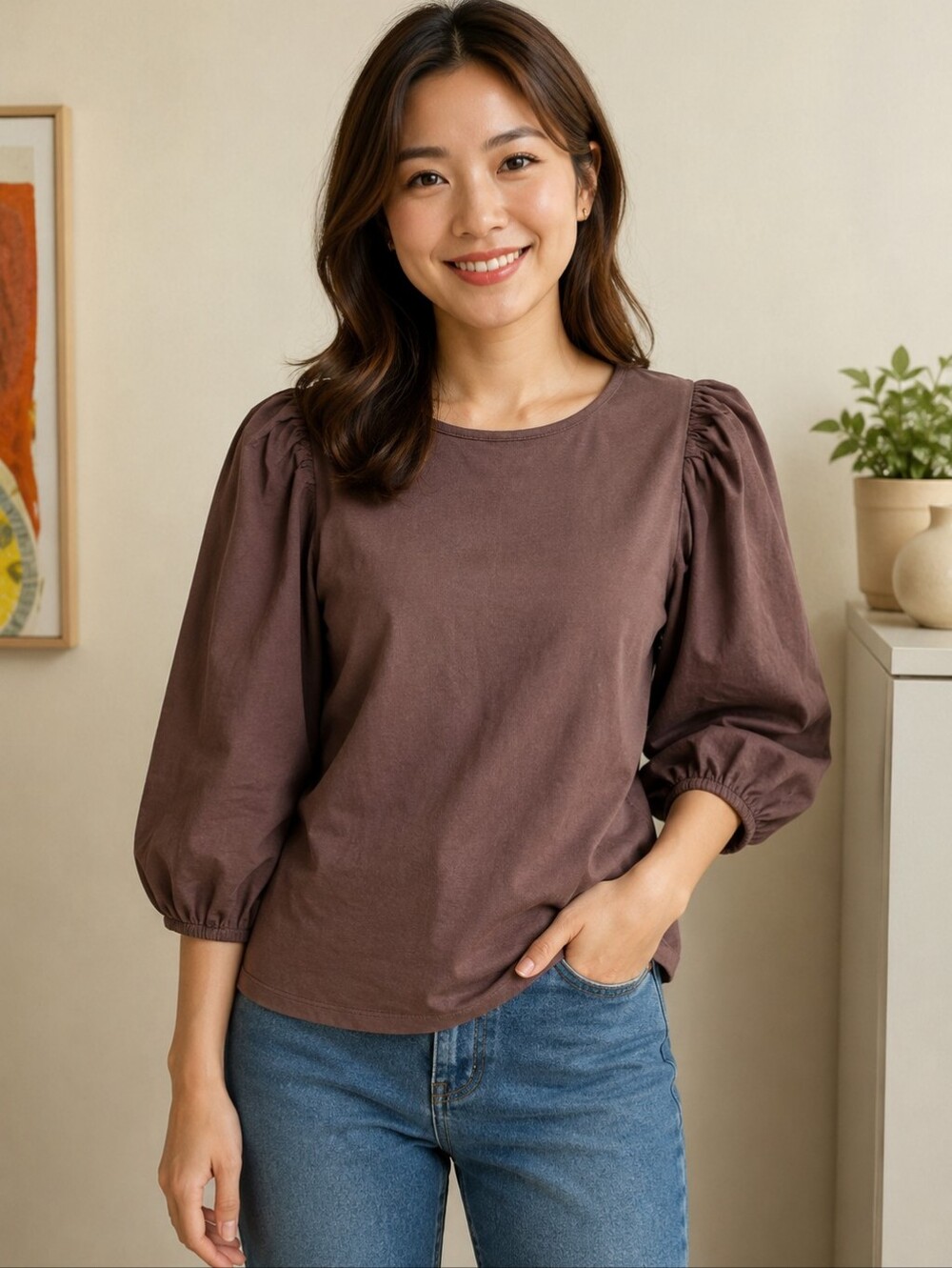 Nation Ltd Brown Ballon Sleeves Cotton Top M